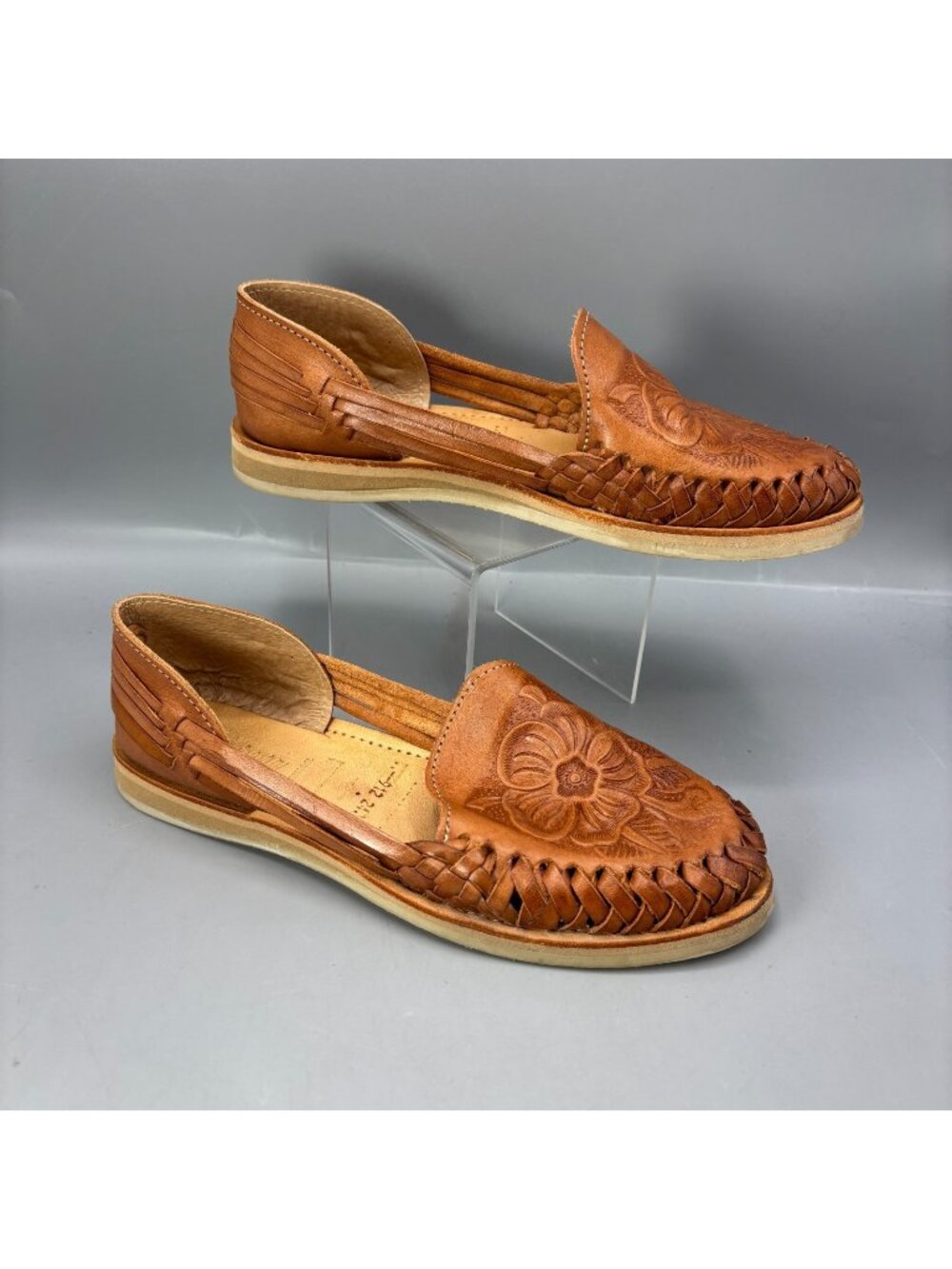 Women's Tan Leather Hand-Tooled Huarache Slip-On Loafers